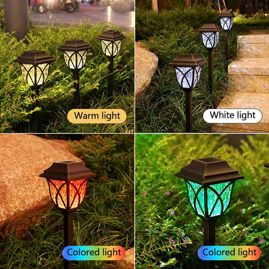 Solar garden lights with warm, white, and colored light options in outdoor settings.