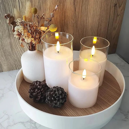 White Glass LED Candle Set of 3 – Flameless Remote-Controlled Candles