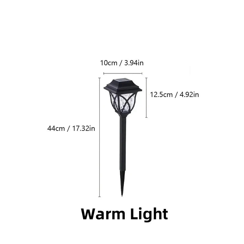 Dimensions of a solar-powered outdoor light with 'Warm Light' text on a white background